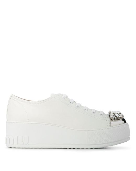 Miu Miu White Swarovski Crystal Toe-cap Sneakers