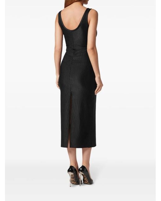 Philipp Plein Black Metallic Skull Detail Ribbed Midi Dress
