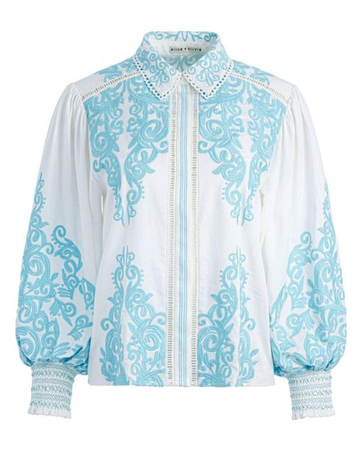 Alice + Olivia Blue Loryn Embroidered Blouse