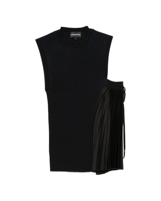 Emporio Armani Black Ribbed-Knit Pleated-Panel Top