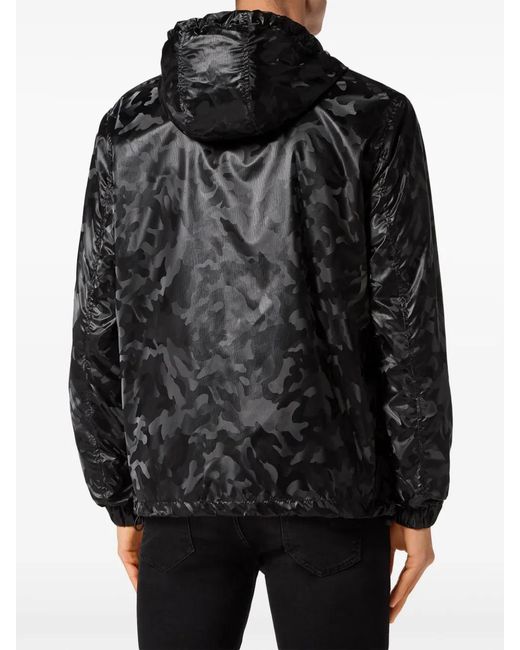 Philipp Plein Black Camouflage-Print Hooded Windbreaker for men