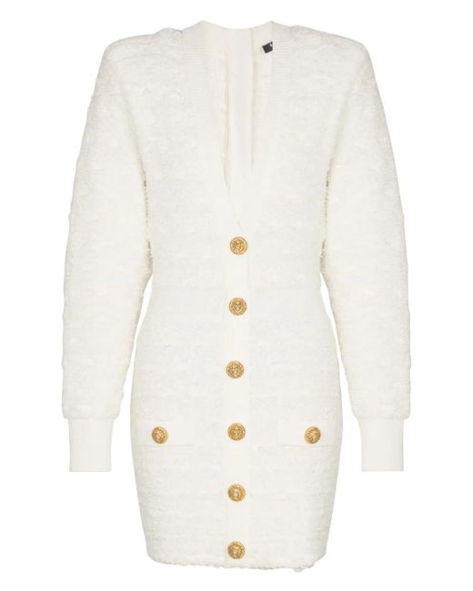 Balmain White Button-Embellished Tweed Mini Dress