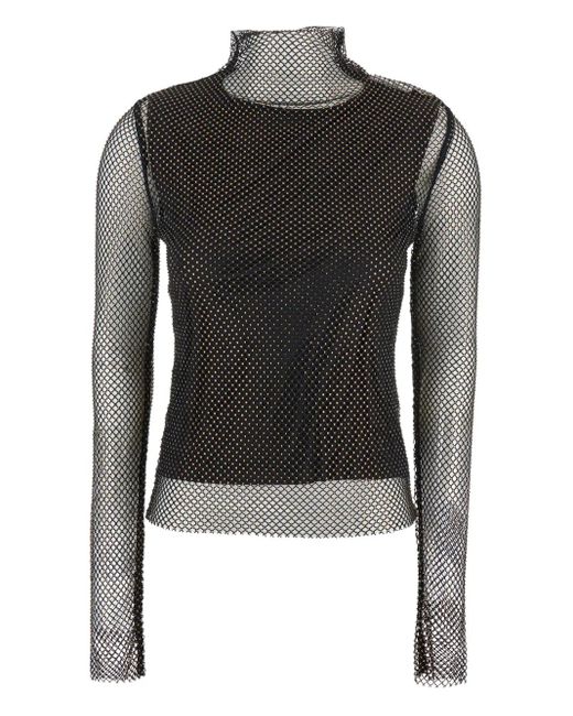 Sportmax Black Sheer Fishnet Long-Sleeve Fitted Top With High Neck