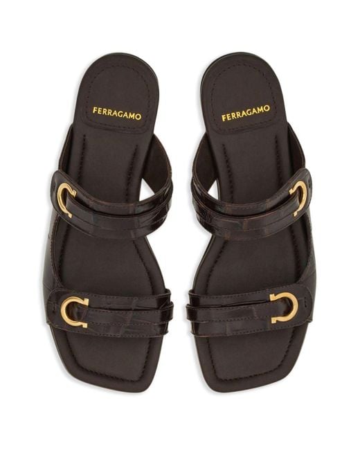 Ferragamo Black Gancini-plaque Leather Slides