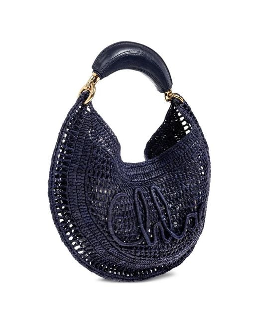 Chloé Blue Summer Banana Logo-Embroidered Raffia Tote Bag