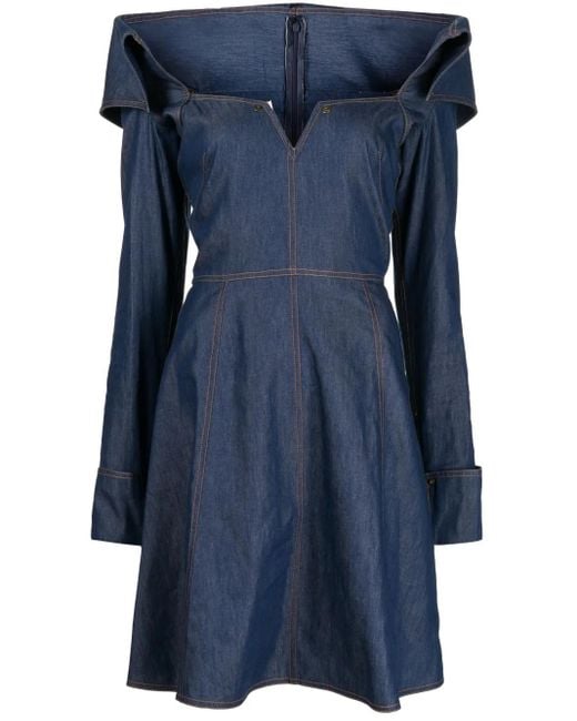 Saiid Kobeisy Blue Bonded-Seam Washed Denim Minidress