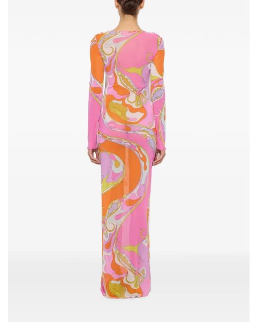 Emilio Pucci Pink Orchidee-Print Long-Sleeve Maxi Dress