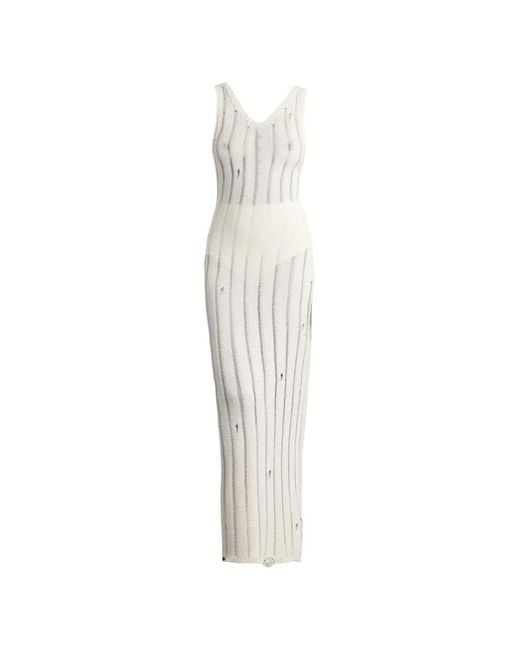 Laneus White Distressed Ribbed-Knit Dress