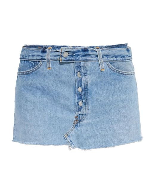Re/done Blue Button-Fastening Frayed Denim Skirt