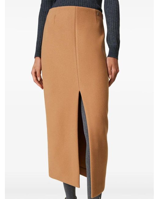 Twinset Natural Deep Front-Slit Straight Midi Skirt