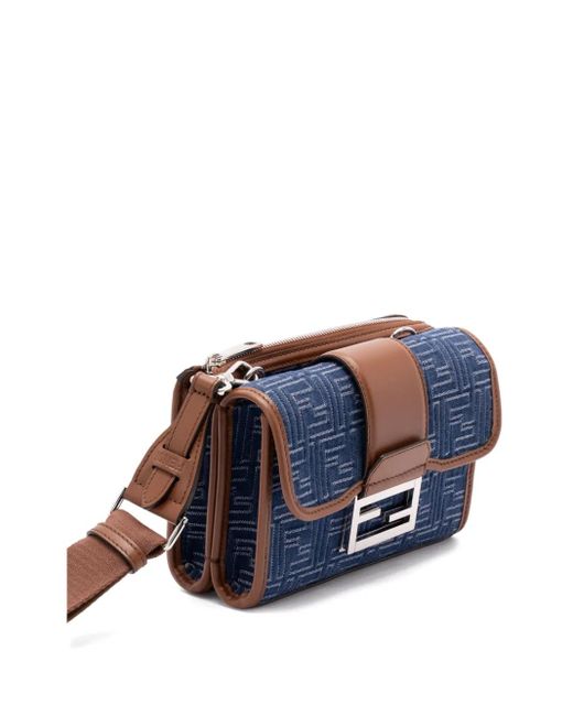 Fendi Blue Denim-Effect Ff Jacquard And Leather Double Uette Bags for men