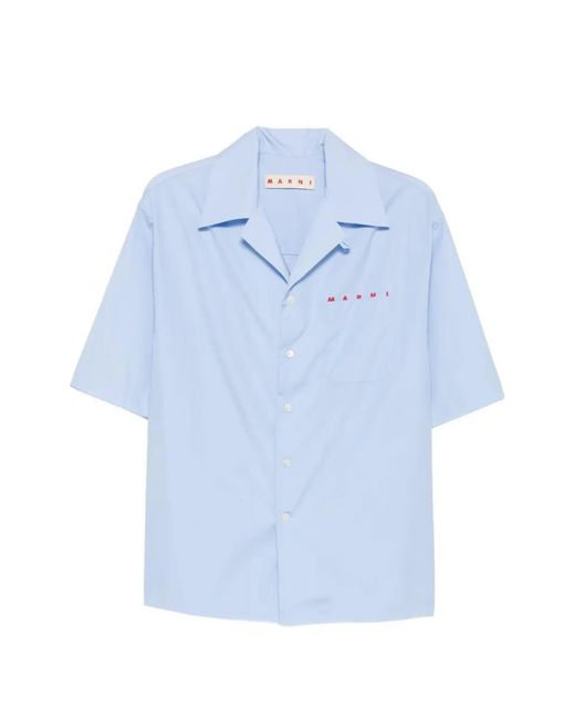 Marni Blue Logo-Print Camp-Collar Shirt for men