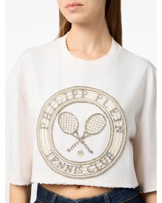 Philipp Plein White Embellished Cropped T-Shirt