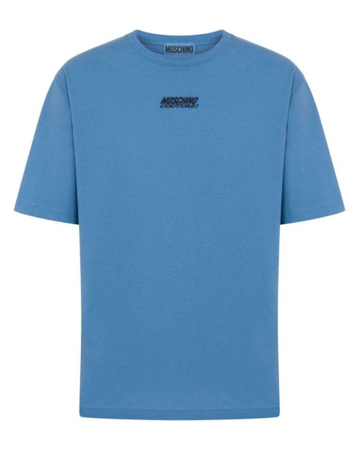 Moschino Blue Logo-embroidered Cotton T-shirt for men