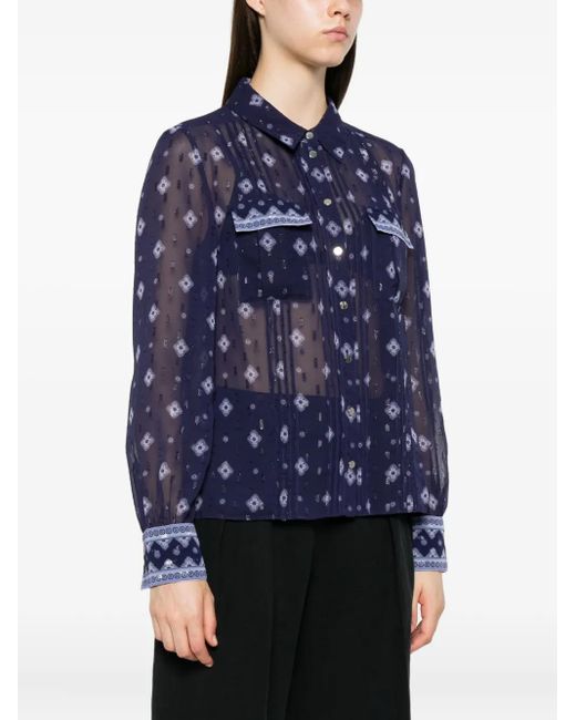 Self-Portrait Blue Patterned Chiffon Blouse