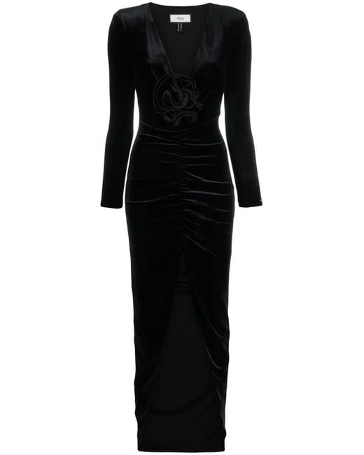 Nissa Black Floral-Detail Velvet Maxi Dress