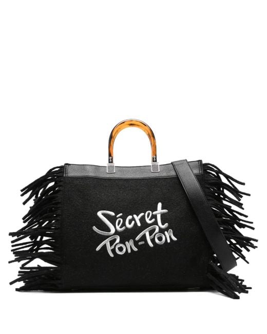 Secret Pon-pon Black Fringed Top-Handles Shoulder Bag