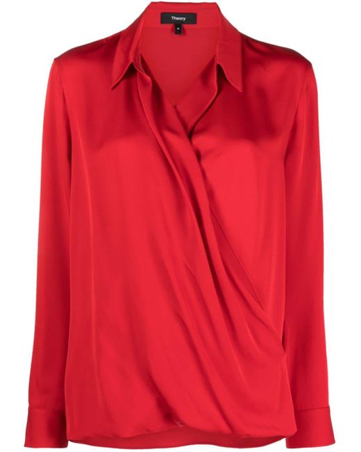 Theory Red Wrap Silk Blouse