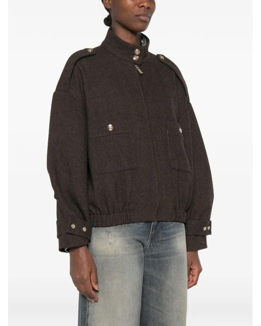 Maje Black Herringbone-Pattern Stand-Up Collar Jacket