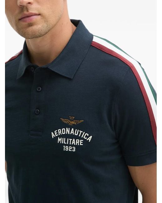 Aeronautica Militare Blue Logo-Embroidered Striped-Sleeve Polo Shirt for men