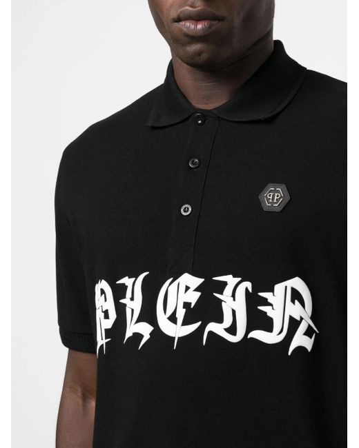 Philipp Plein Black Logo-Print Short-Sleeved Polo Shirt for men
