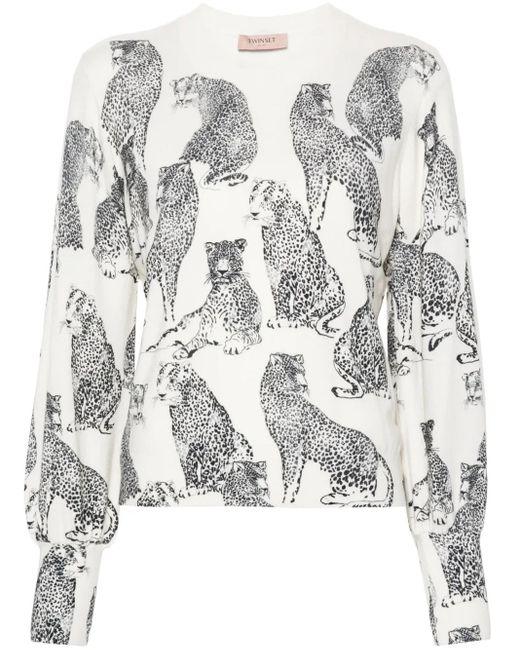 Twinset White Jaguar Print Knitted Jumper