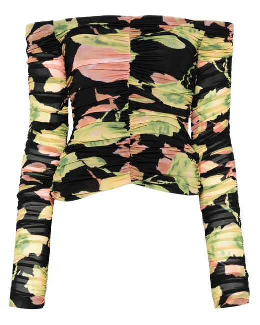 Blumarine Black Floral-Print Ruched Top