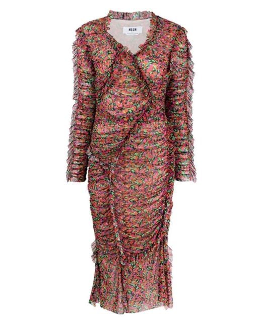 MSGM Midi-Jurk Met Bloemenprint in het Red