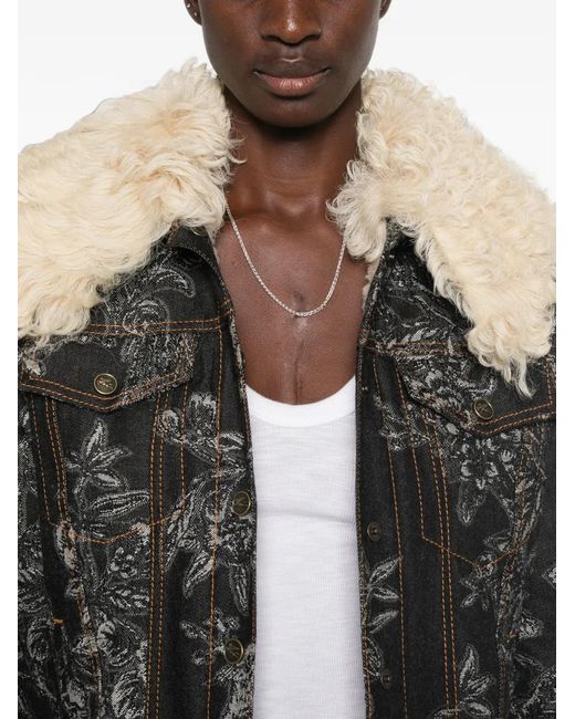 Etro Black Floral-Print Shearling-Collar Jacket