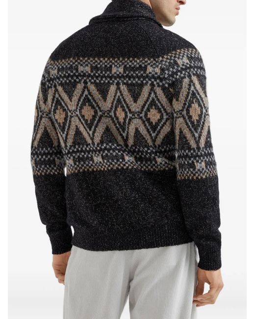 Brunello Cucinelli Black Shawl-Collar Patterned Cardigan for men