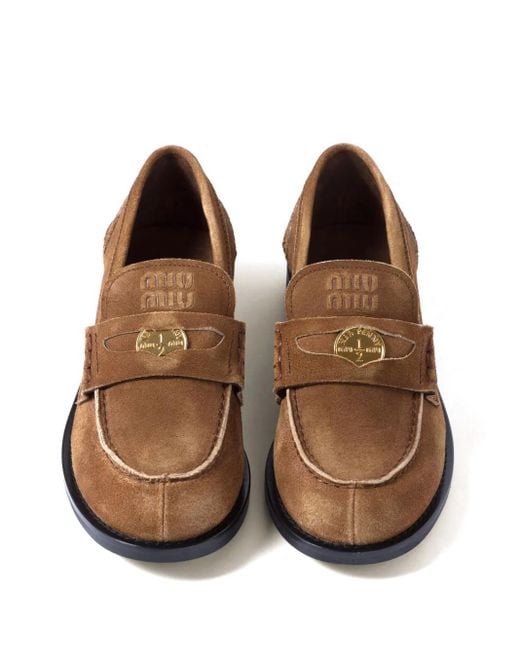 Miu Miu Brown Coin-Plaque Suede Loafers