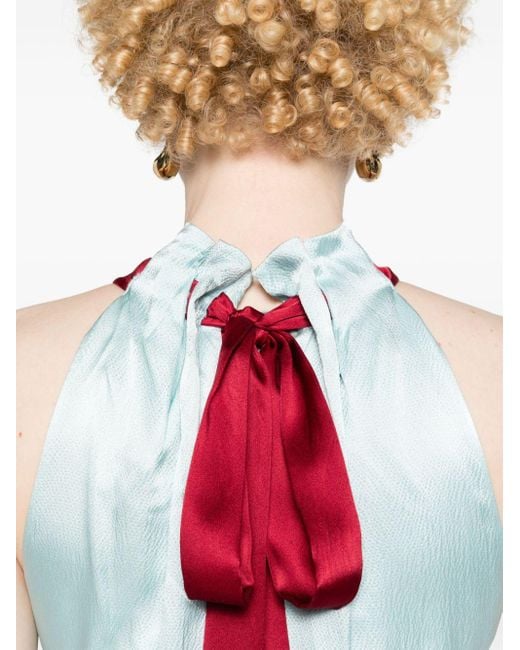 Saloni Blue Pleated-neck Seersucker Gown