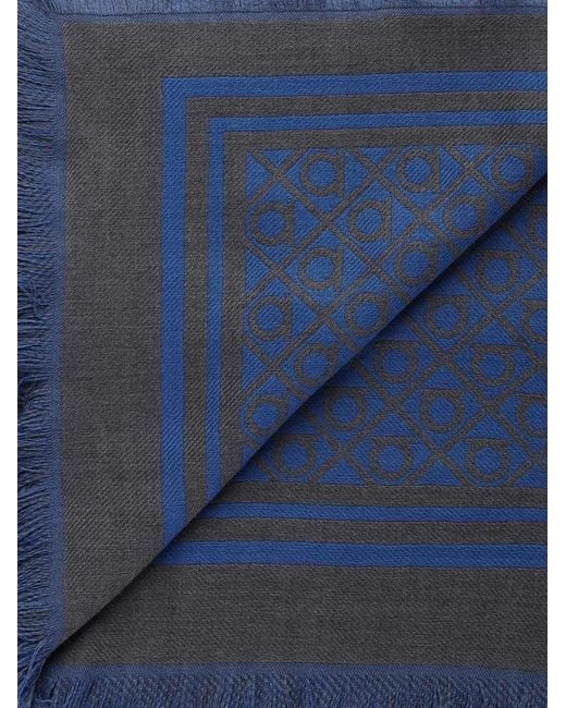 Ferragamo Blue Geometric-Pattern Fringed Scarf for men