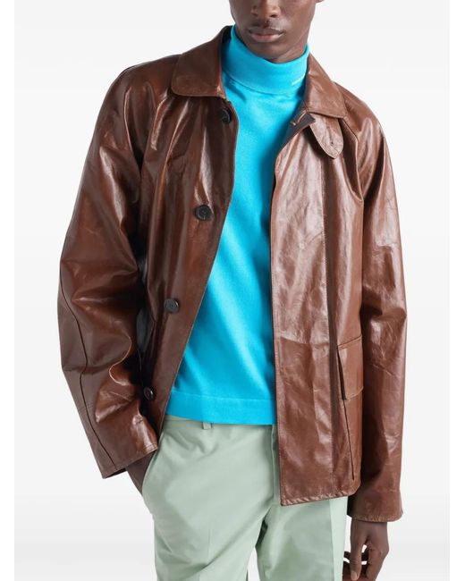 Prada Brown Vintage-Look Leather Blouson Jacket for men