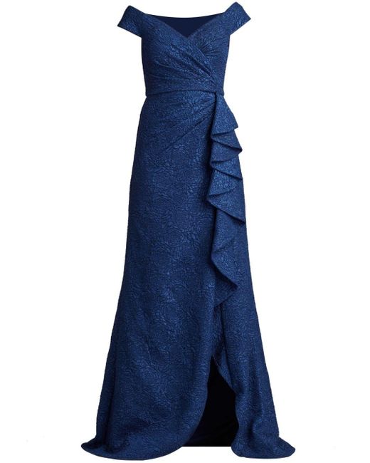 Tadashi Shoji Blue Floral-motif Ruffled Maxi Dress