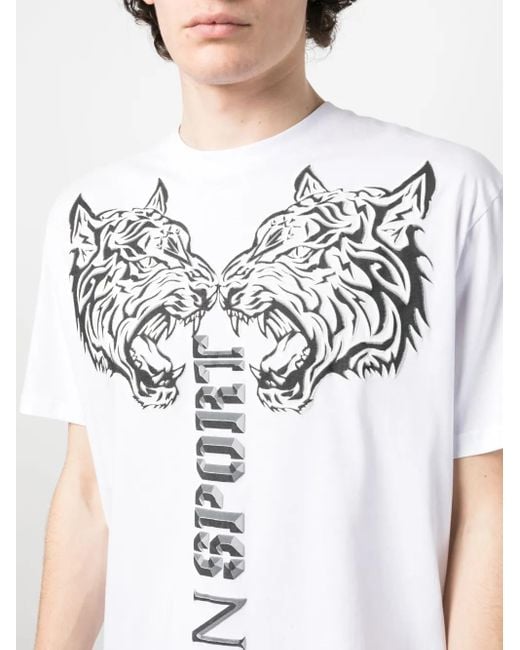 Philipp Plein White Logo Tiger-Print T-Shirt for men