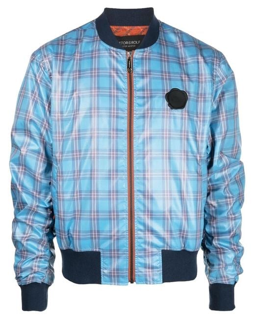 Viktor & Rolf Blue Logo-Detail Tartan-Check Bomber Jacket for men