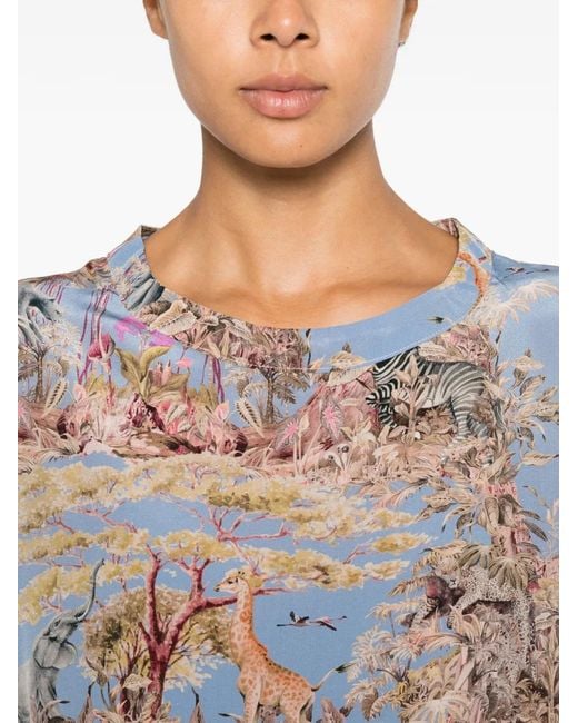 Momoní Blue Curacao Safari-Print Cap-Sleeve Silk Blouse