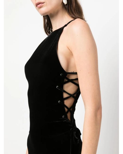 Alessandra Rich Black Lace-Up Halterneck Velvet Gown