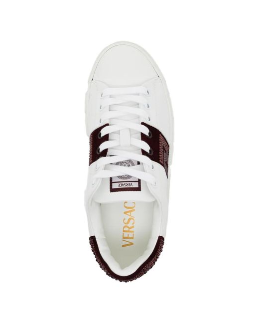 Versace White Silk And Nylon Sneakers With Textured Burgundy Panels