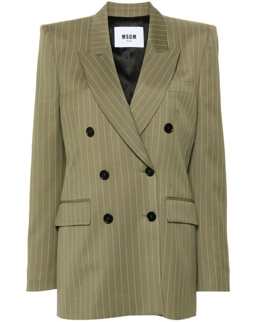 MSGM Green Double-breasted Pinstripe Blazer