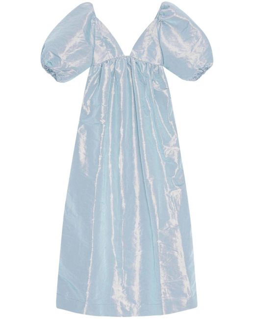 Ganni Blue Puff-sleeve Taffeta Maxi Dress
