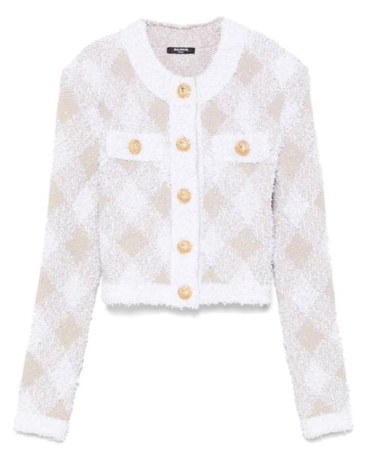 Balmain White Tweed-Jacke Mit Vichy-Karo