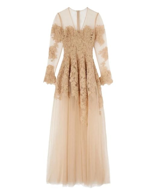 Ermanno Scervino Natural Floral-Appliqué Long-Sleeve Maxi Dress