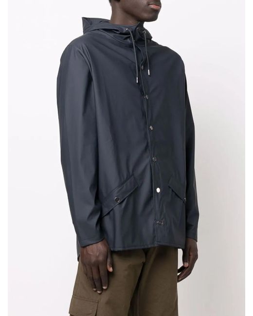 Rains Blue Drawstring-Hooded Buttoned Rain Jacket