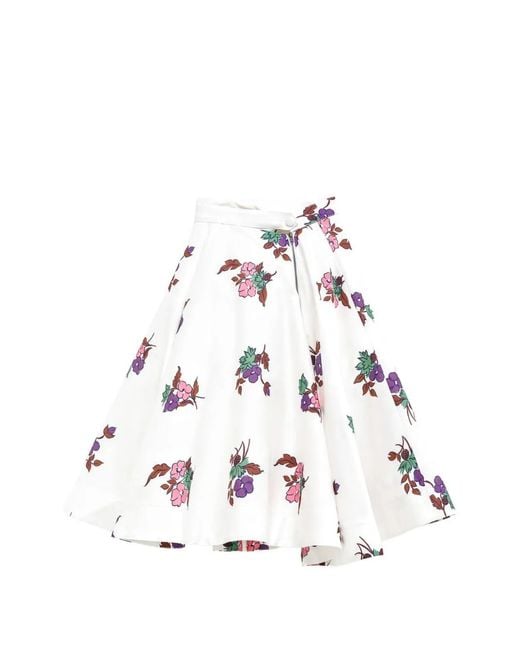 August Barron White Floral-Print Flared Midi Skirt