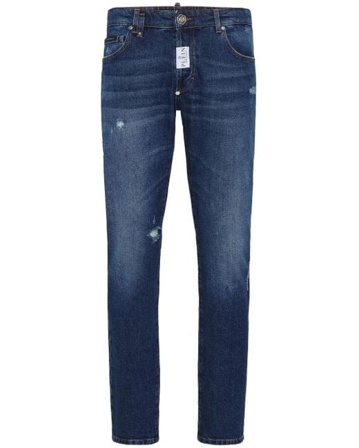 Philipp Plein Blue Paint-Splatter Slim-Fit Jeans for men