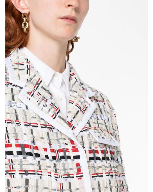 Thom Browne White Single-Breasted Tweed Coat