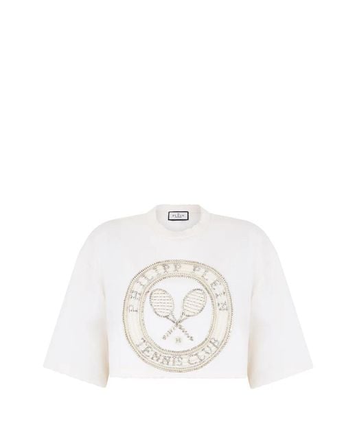 Philipp Plein White Embellished Cropped T-Shirt