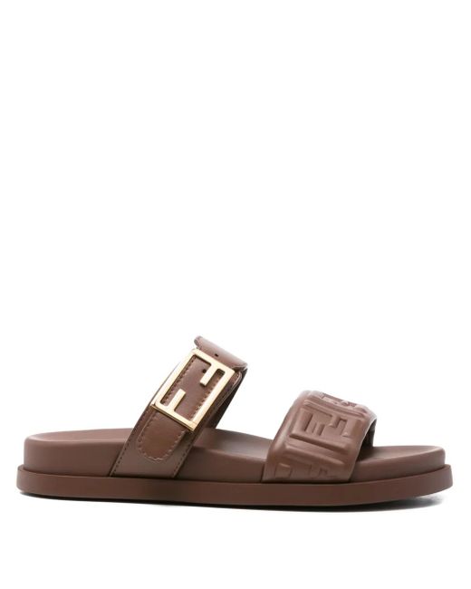 Fendi Brown Nappa Leather Feel Double-Band Slides Shoes